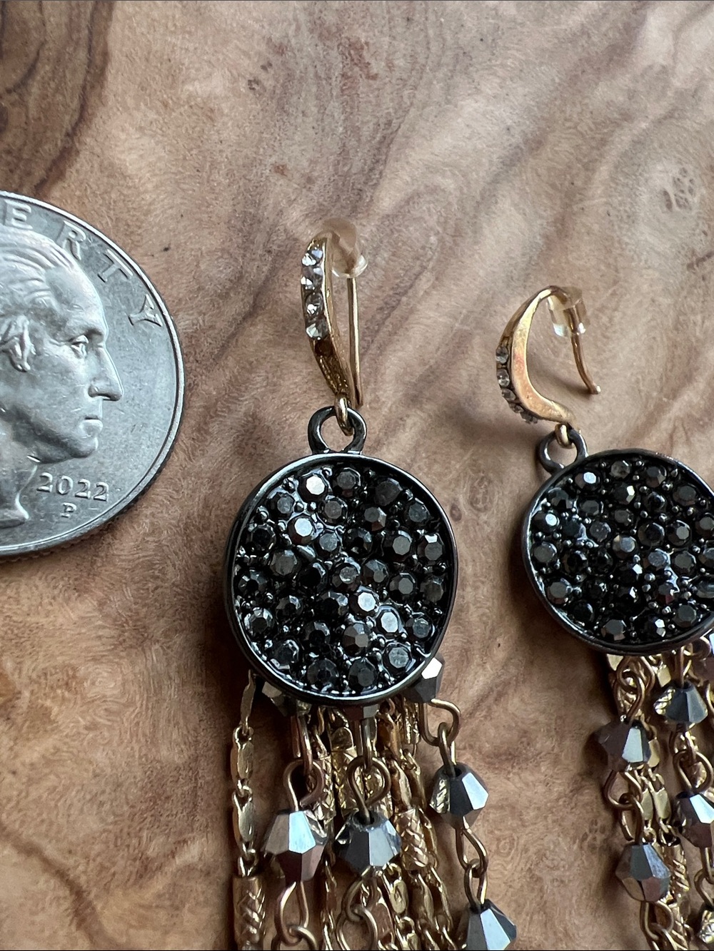 Black Crystal Round Top Gold-Tone Tassel Drop Earrings - Picture 3 of 6